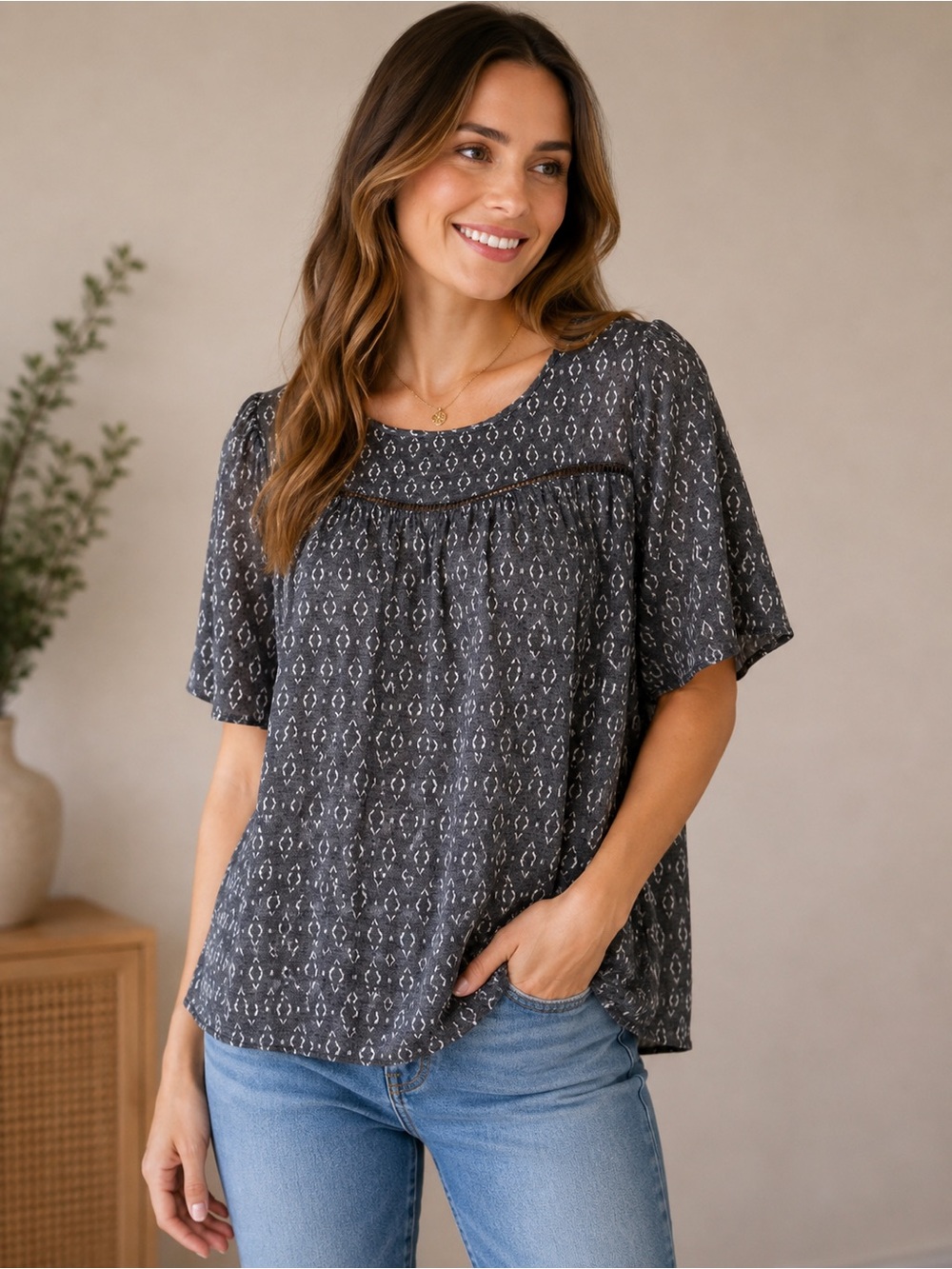 Nanette Lepore Gray White Geometric Print Blouse Size L